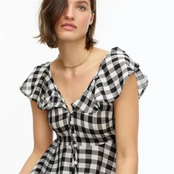 J. Crew Black & White Gingham Check Button Up Flowy Ruffle Midi Maxi Dress NWT - Picture 2 of 15